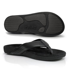 Zullaz Byron Mens thong with leather strap and foot bed in black and non-slip sole
