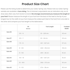 Zullaz Spring Orthotic Sandal sizing chart