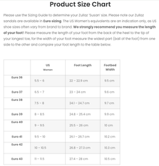 Zullaz Susan orthotic sandal sizing chart