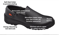Marsella slip on black unisex shoe, extreme comfort, waterproof mircrofibre upper and non-skid sole.